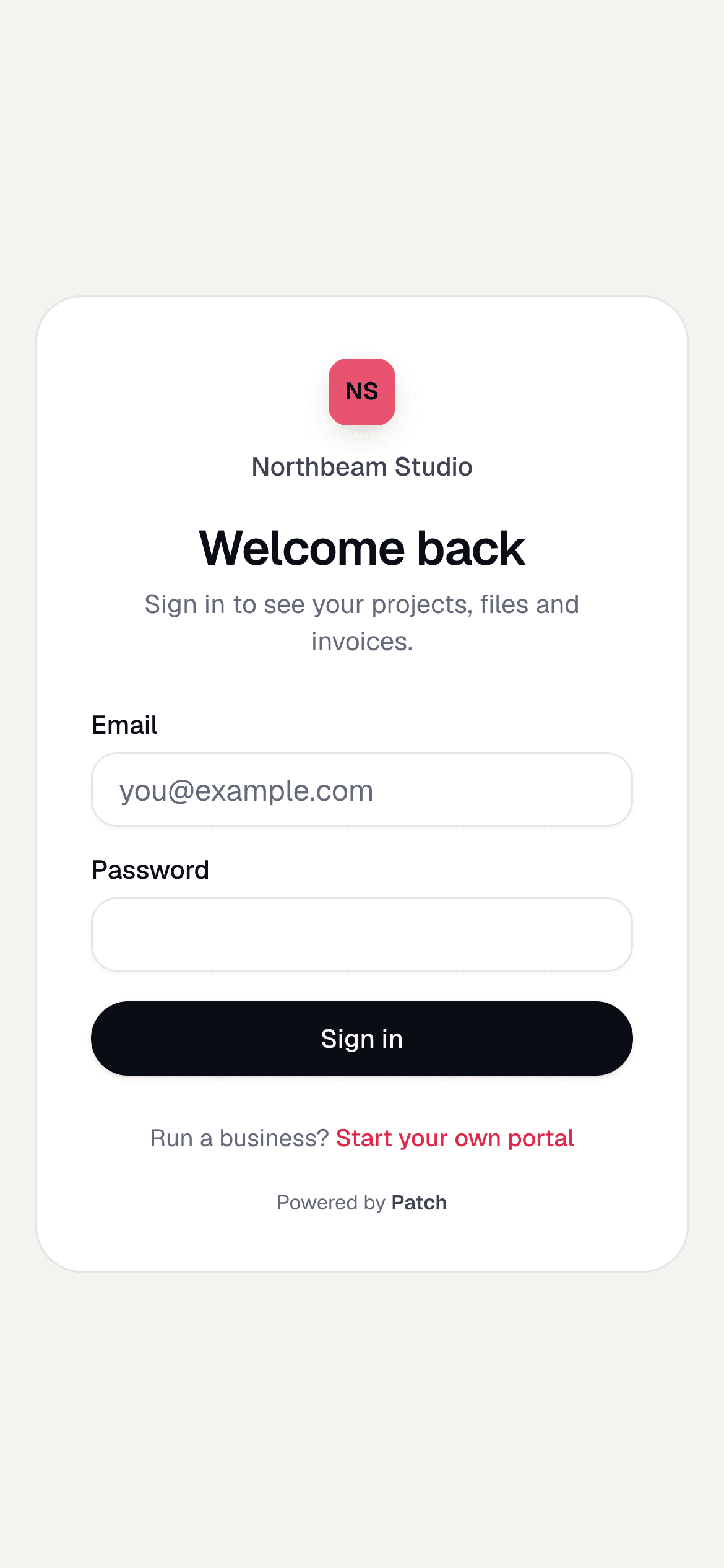 The sign-in page Northbeam Studio's clients see, with its logo and color